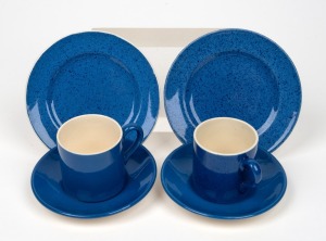 MOORCROFT pair of English powder blue porcelain teacups, saucers and plate sets, early 20th century. (6 items)