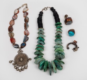 Unusual modern greenstone necklace; together with an agate and silver necklace and three designer rings, (5 items), the greenstone example 58cm long
