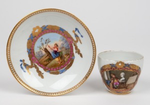 MEISSEN antique German porcelain teacup and saucer adorned with hand-painted vignettes and gilt decorated highlights, 18th/19th century, (2 items), blue cross swords mark to base, the saucer 14cm diameter