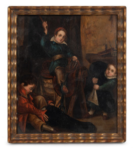 ARTIST UNKNOWN (18th/19th Century), (interior scene with three boys), oil on metal panel, 19 x 16cm, 21.5 x 18.5cm overall