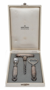 GEORG JENSEN Danish silver Acorn pattern three piece bar set in original plush fitted box of purchase, 20th century