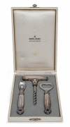 GEORG JENSEN Danish silver Acorn pattern three piece bar set in original plush fitted box of purchase, 20th century