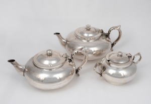ROBUR vintage silver plated teapot; together with a PERFECT silver plated teapot and a CHALLENGE silver plated sugar basin, early to mid 20th century, (3 items), the largest 11cm high, 24cm wide