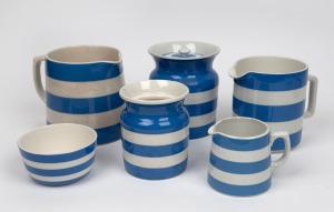 CORNISH WARE assorted jugs, cannisters and bowl, (6 items), green factory mark to base, the largest 15cm high