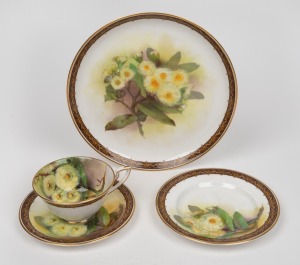 ROYAL WORCESTER "Dwarf Apple" hand-painted English porcelain cabinet plate with matching teacup, saucer and side plate, (4 items), puce factory marks to base, the cabinet 23cm diameter