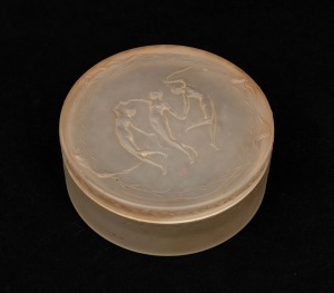 LALIQUE for D'ORSAY opaque French art glass powder bowl with nude dancing figures to the lid, 4cm high, 9.5cm diameter