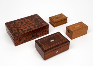 Four assorted antique timber boxes, comprising of a faux tortoiseshell example with hand-painted finish, a musical example with shell escutcheon and blue silk lining, a money box and a souvenir of The Scott Monument (Edinburgh), 19th/20th century, the lar