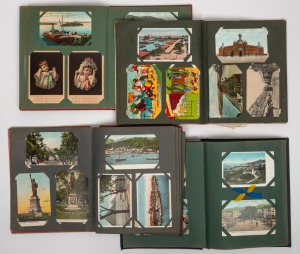 Four antique postcard albums with an attractive range of predominantly early 20th century examples, subjects include real photographs, Royal Mail Steam Packet Company, British & European, Africa, ships, military, mining, big game hunting, etc. Inspection 