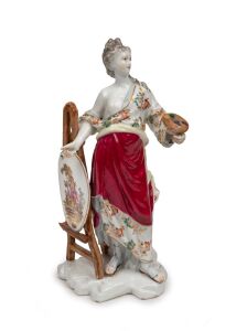 An antique Continental porcelain statue of an artist, 18th/19th century, signed "J. B." to the base, 22cm high