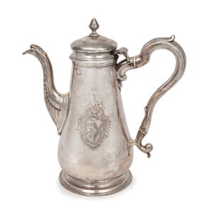 A Georgian sterling silver coffee pot with engraved armorial crest, made in London, circa 1750, 24cm high, 915 grams.