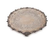 An antique English sterling silver salver with engraved decoration, made in London by Samuel Hayne and Dudley Carter, circa 1853, 26.5cm wide, 495 grams. - 2