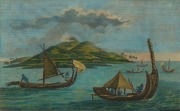 "THE NORTH EAST VIEW OF THE ISLAND OF OTAHEITE" engraving from Cook's Voyages (1784) with later hand-coloured enhancement, ​​​​​​​43 x 51cm overall.