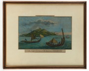"THE NORTH EAST VIEW OF THE ISLAND OF OTAHEITE" engraving from Cook's Voyages (1784) with later hand-coloured enhancement, ​​​​​​​43 x 51cm overall. - 2