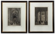 A pair of antique French engravings depicting the interior of Notre Dame, titled "La Sainte Chapelle" and "Eglise Notre Dame de Lorette", 19th century, 41 x 29cm, 64 x 51cm each overall