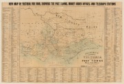 "PEARSON'S NEW MAP OF VICTORIA showing the Post Towns, Money Order Offices, Telegraph Stations". [Charlwood & Son, Melbourne 1869]. Lithographed, with some hand colouring. 50 x 75cm laid down on card; framed and glazed. (overall 58 x 83cm). Surrounding th