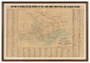 "PEARSON'S NEW MAP OF VICTORIA showing the Post Towns, Money Order Offices, Telegraph Stations". [Charlwood & Son, Melbourne 1869]. Lithographed, with some hand colouring. 50 x 75cm laid down on card; framed and glazed. (overall 58 x 83cm). Surrounding th - 2