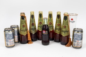 Six Crown Lager bottles from Brownlow medal years 2001/2002/2003/2004 and Crown Lager drinking glass, together with three Carlton Draught cans celebrating Brisbane Lions triple Premiership, plus 2000 Brownlow Medal Dinner Coca Cola bottle limited edition 