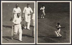 AUSTRALIA v ENGLAND: 1932-33 "BODYLINE" SERIES - SECOND TEST, MELBOURNE: Two original press photographs featuring Don Bradman during his second innings 103 not out. The first shows the hit off Voce for 3, "which gave him the coveted three figures"; the other shows him returning to the pavilion "To a terrific ovation". Both approx. 25 x 20cm and with copyright stamps, etc. verso. (2).
