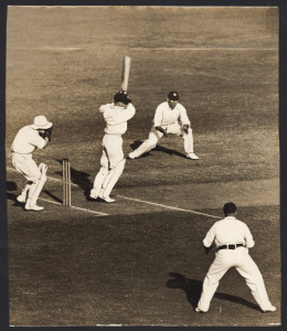 AUSTRALIA v ENGLAND - THIRD TEST MATCH, MELBOURNE, 1928/29 - BRADMAN'S DEBUT SERIES: In his second Test Match, Bradman made 79 in the first innings and 112 in the second: a large format (28.5 x 24cm) original press photo, annotated verso "Bradman (112) h