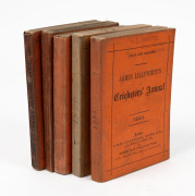 James Lillywhite's Cricketers' Annuals: 1885 (with "The Nottingham Eleven of 1884" frontispiece), 1886 (The Yorkshire Eleven in 1885), 1887 (The Oxford Eleven in 1886), 1888 (Arthur Shrewsbury), and 1889 (The Surrey Eleven in 1888.), (5).