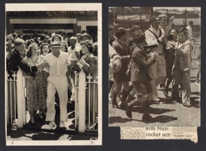 DON BRADMAN: Two original press photographs, one dated 19 Nov. 1947 showing schoolboy autograph hunters mobbing Bradman before seeing him score his 100th first-class century at the SCG; the other pic showing Don fighting his way past adoring female fans, 