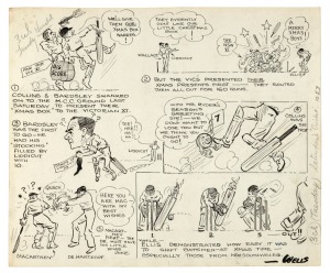 Three superb original pen and ink newspaper illustrations by SAMUEL WELLS, 1921-22: Carl B. Lewis (depicted at the Frank Iredale Benefit Match, 1921); The Victorian XI watch the New South Wales XI trudging back to Sydney (January 1922), and the December 1