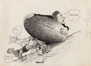 Cartoonist SAMUEL WELLS at CARLTON MATCHES: May 1922 Carlton defeats Fitzroy with "the ground looking like a battlefield"; July 1922 Carlton defeat Collingwood by 5 points after a game that was like a see-saw till Alec Farrow kicked the winning goal; also