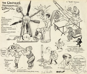 Cartoonist SAMUEL WELLS observes various sports and sportsmen: Patterson v Hawkes Tennis Championship 1922, "Getting the barracker ready for the football season"; the "Collingwood v Geelong Juniors"; the role of mud in improving Victoria's chances against South Australia; "Umpires Preparatory School"; Geelong Football Club personalities of the 1920s. Original pen and ink illustrations for Melbourne newspapers, (6 items); the largest 35.5 x 25cm.