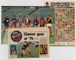 1971 Golden Fleece fixture chart (printed by Peter Isaacson P/L.); the 1974 double-page fixture from "The Herald" and a 1975 poster depicting the 12 VFL Club captains with their printed signatures. (3 items).