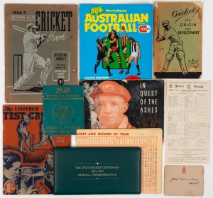 A Cricket Miscellany including "Wrigley's In Quest of the Ashes 1934"; "Cricket - Its Origin and Development" by Garnsey for the ABC (1935); a Sept.1942 R.A.F. v R.A.A.F. Lords scorecard; "The 1946-7 Sporting Globe Cricket Book"; "The Listener In Test Cri
