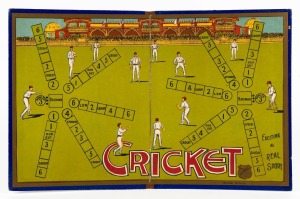 An extremely rare game board for a game called "Cricket", produced by the National Game Company (Ballarat & Melbourne) in the early 1930s. The attractively lithographed folding board (310 x 480, opened-out), bears the copyright number :3048" and the Natio