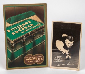 WALTER LINDRUM: original signature on the back of a 1942 real photo postcard of him in action; together with a copy of his book "Billiards and Snooker by Walter Lindrum" published by Tooheys. (2 items).