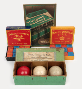 WALTER LINDRUM: A signed and dedicated copy of his book, "To Malcolm Mitchell with all good wishes, Walter Lindrum, Nov.1942", accompanied by a set of 3 billiard balls in an original box from Alcock, Thomson & Taylor and two original boxes of "Monarch Tournament Chalk", all circa 1942.