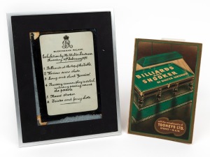 On February 19, 1931, Walter Lindrum gave a billiards exhibition for the King and other members of the Royal Family at Buckingham Palace: An original photographic programme of the event (in a later frame), together with a copy of Lindrum's book, signed and dedicated by him in Melbourne, 1947. (2 items).