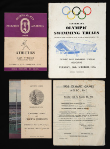 A December 1954 programme (4pp) for the 1956 Olympics events at the Main Stadium (M.C.G.), with the schedule and list of ticket prices; October 1956 Australian Olympic Swimming Trials programme; an Athletics Programme (24th Nov.) and the programme for th