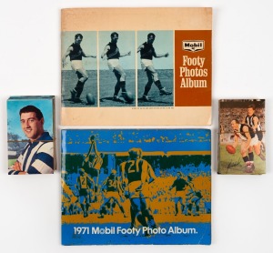 MOBIL VICTORIAN FOOTBALL PHOTOS: 1964 large part set [38/40] loose; 1965 complete set [40/40] affixed in special album; 1966 complete set [40/40] loose; and the 1971 complete set [40/40] affixed in special album.