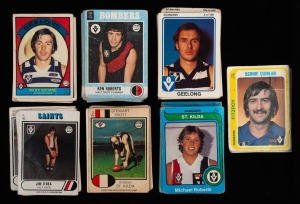 SCANLENS VFL FOOTY CARDS: 1975 (8), 1976 (7), 1977 (42), 1978 (8), 1979 (8), 1980 (24), 1981 (19), duplicated oddments; many only space-fillers.