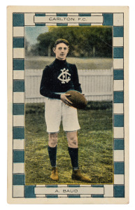 CARLTON: Champion Footballers Series postcard, circa 1915: A. Baud, Unused. Rarity rating: 10. The only other example of this card that we have offered was sold in our auction No.444, 11th August 2019, for $2,000 + BP.