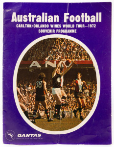The Official Programme for the "Carlton/Orlando Wines World Tour" (24pp + colour covers). The Orlando All Stars team included Mal Brown, Ross Smith, Royce Hart, Malcolm Blight & Peter Bedford; Carlton, the 1972 Premiership Team, included John Nicholls, Al
