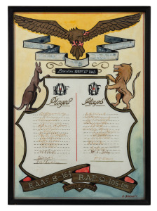RAAF V RAF FIRST OFFICIAL CRICKET MATCH: 1943 hand-painted poster with twenty-nine signatures, including those of notable cricketers Stan Sismey and Keith Miller (playing for the RAAF), and those of Bob Wyatt, Cyril Washbrook, Alec Bedser, and Plum Warner