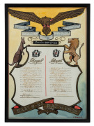 RAAF V RAF FIRST OFFICIAL CRICKET MATCH: 1943 hand-painted poster with twenty-nine signatures, including those of notable cricketers Stan Sismey and Keith Miller (playing for the RAAF), and those of Bob Wyatt, Cyril Washbrook, Alec Bedser, and Plum Warner