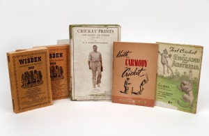 1943 and 1944 Wisden Cricketers' Almanacks, scarce wartime issues with buff linen covers, together with R.C. Robertson-Glasgow 'Cricket Prints - Some Batsmen And Bowlers 1920-1940', E.E. Bean 'Test Cricket in England and Australia', and Keith Carmody 'On 