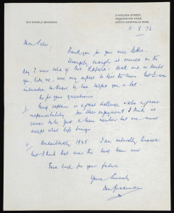 DON BRADMAN hand-written and signed letter, 11th August 1976, on his home letterhead; responding to a letter in which he was asked for his views on being the Australian Team Captain and on which team he thought had been his best. He also comments on the f