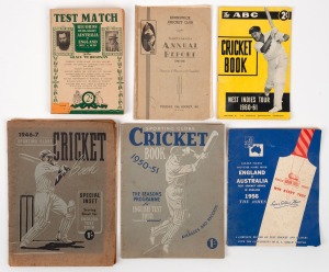 CRICKET PUBLICATIONS: "TEST MATCH RECORDS OF ALL GAMES AUSTRALIA v ENGLAND 1877 - 1938" by Ellis & Liddicutt; Brunswick C.C. Annual Report 1940-41; 1946-7 Sporting Globe Cricket Book; 1950-51 Sporting Globe Cricket Book; 1956 England v Australia Ashes Sco