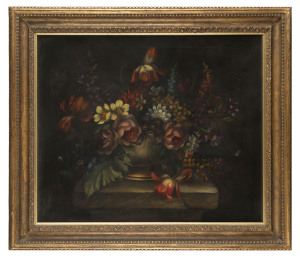 ARTIST UNKNOWN (Dutch, 18th/19th century), (floral still life), oil on canvas, signed lower right illegible "Jan .....", London gallery label verso "J.J. PATRICKSON 120 Fulham Road South Kensington S.W.3. Telephone Kensington 8384", 61 x 74cm