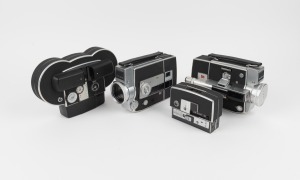ELMO: Group of two movie cameras - one C-300 and one C-200, plus one Double-8 interchangeable film back and one Double Super-8 interchangeable film back with Elmo cap, c. 1968. (2 items)