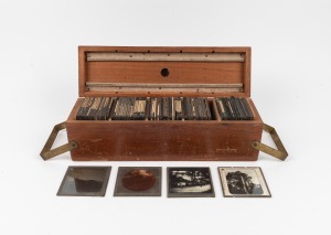 A collection of more than ninety 8 x 8cm magic lantern slides in timber box, including a large group titled 'Heroes and Fanatics in the Soudan' recounting the quelling of the Mahdist revolt by the British, several images of British warships, Queen Victori