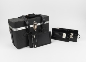 LINHOF: Two Linhof 4 x 5 slide holders, together with Linhof 210mm and 270mm focusing cams, plus eight other slide holders in leather case. (12 items)