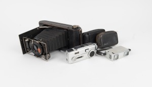 VARIOUS MANUFACTURERS: Group of three cameras - one AGFA Standard 254, one Minolta-16 in chrome with Minolta leather case, and one Minolta-16 MG-S with Minolta leather case. (3 items)