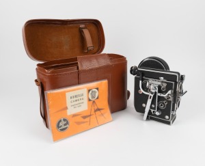 BOLEX-PAILLARD: H8 Reflex double-8 movie camera body [#217788] with three body caps and one viewfinder in Bolex-Paillard leather case with instruction booklet, c. 1960.